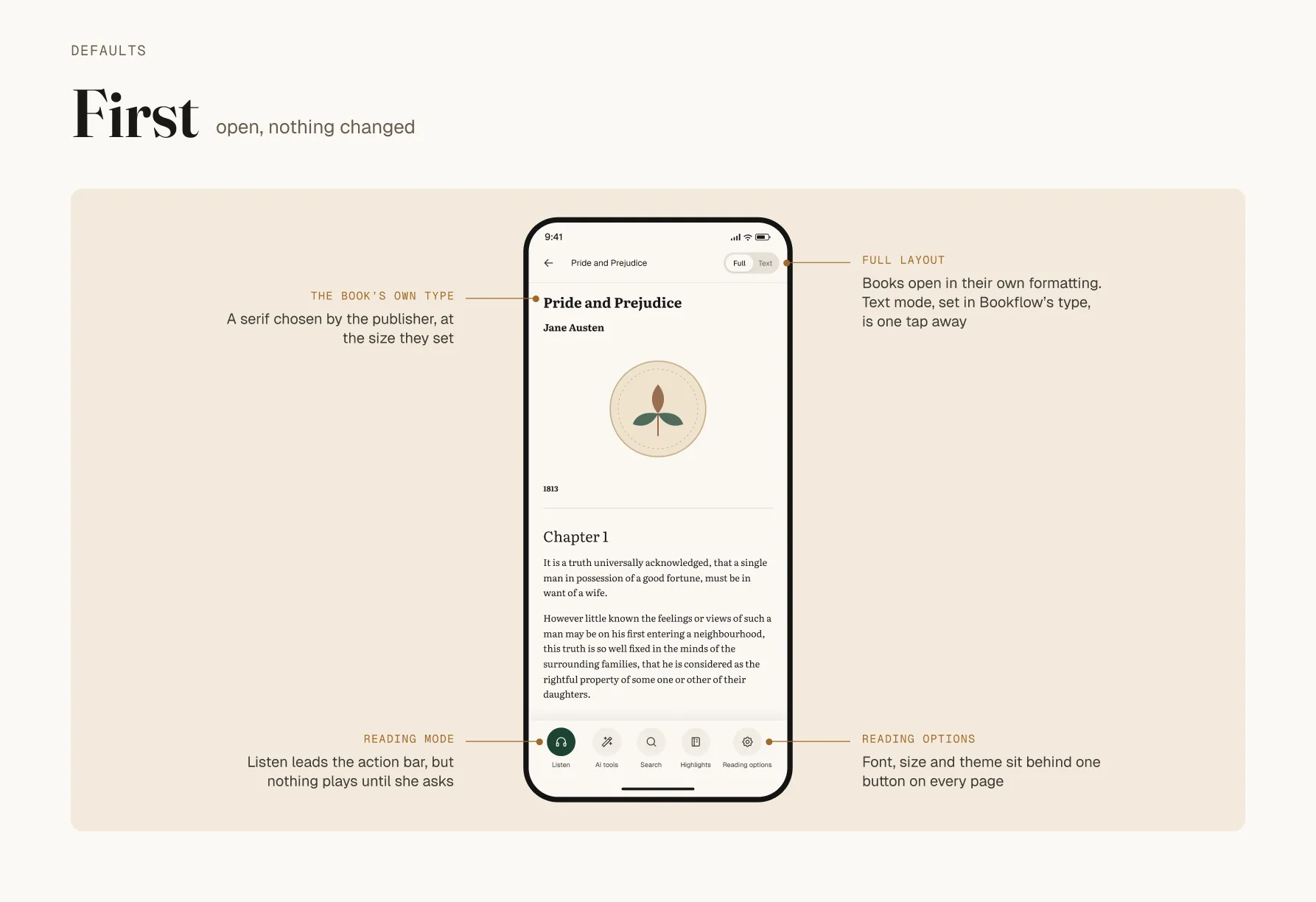 The Bookflow reader on first open: reading mode, a serif typeface, and the chapter list shown before the text.