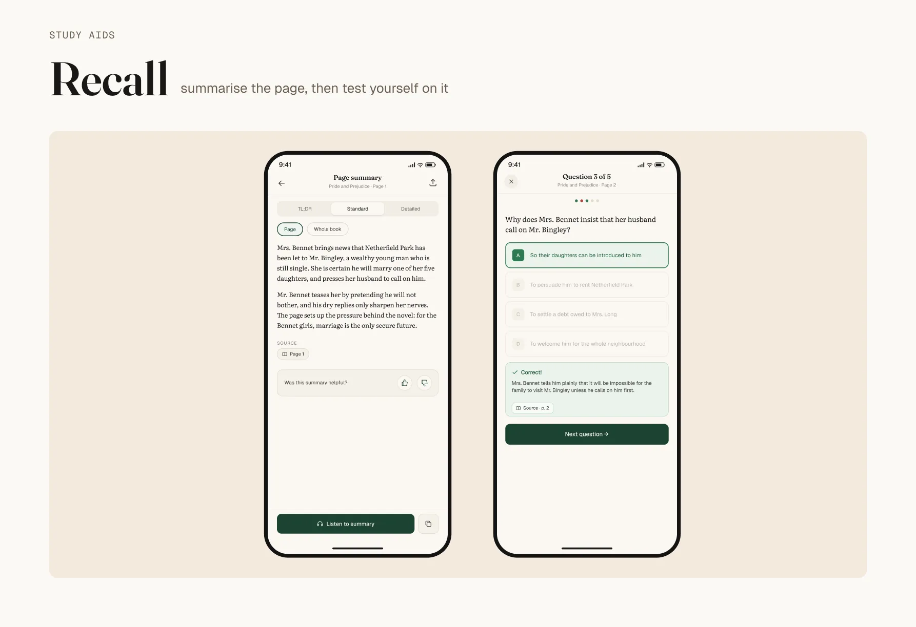 An AI-generated chapter summary shown beside a set of practice questions created from the same chapter.
