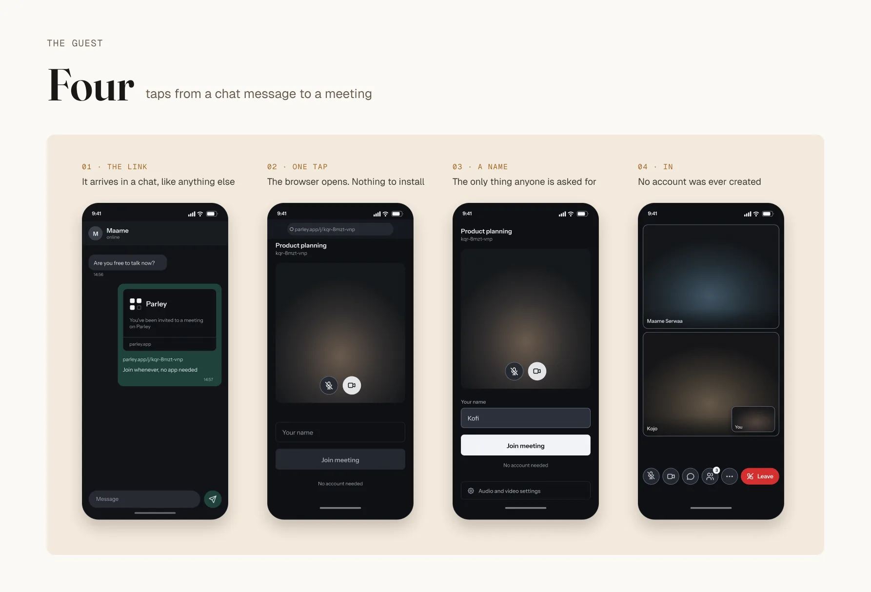 A four-step sequence on a phone for an instant meeting: a Parley link sitting in a WhatsApp conversation, the link tapped, a single name field with a join button, then the meeting room.