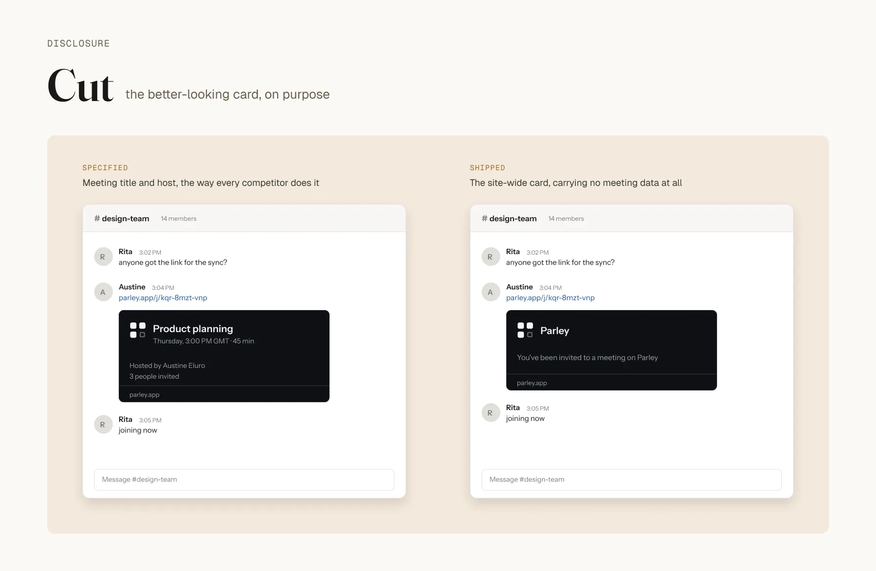 Two link previews side by side in a messaging channel. On the left, the specified version showing a meeting title and host name. On the right, the shipped generic Parley card with no meeting details.