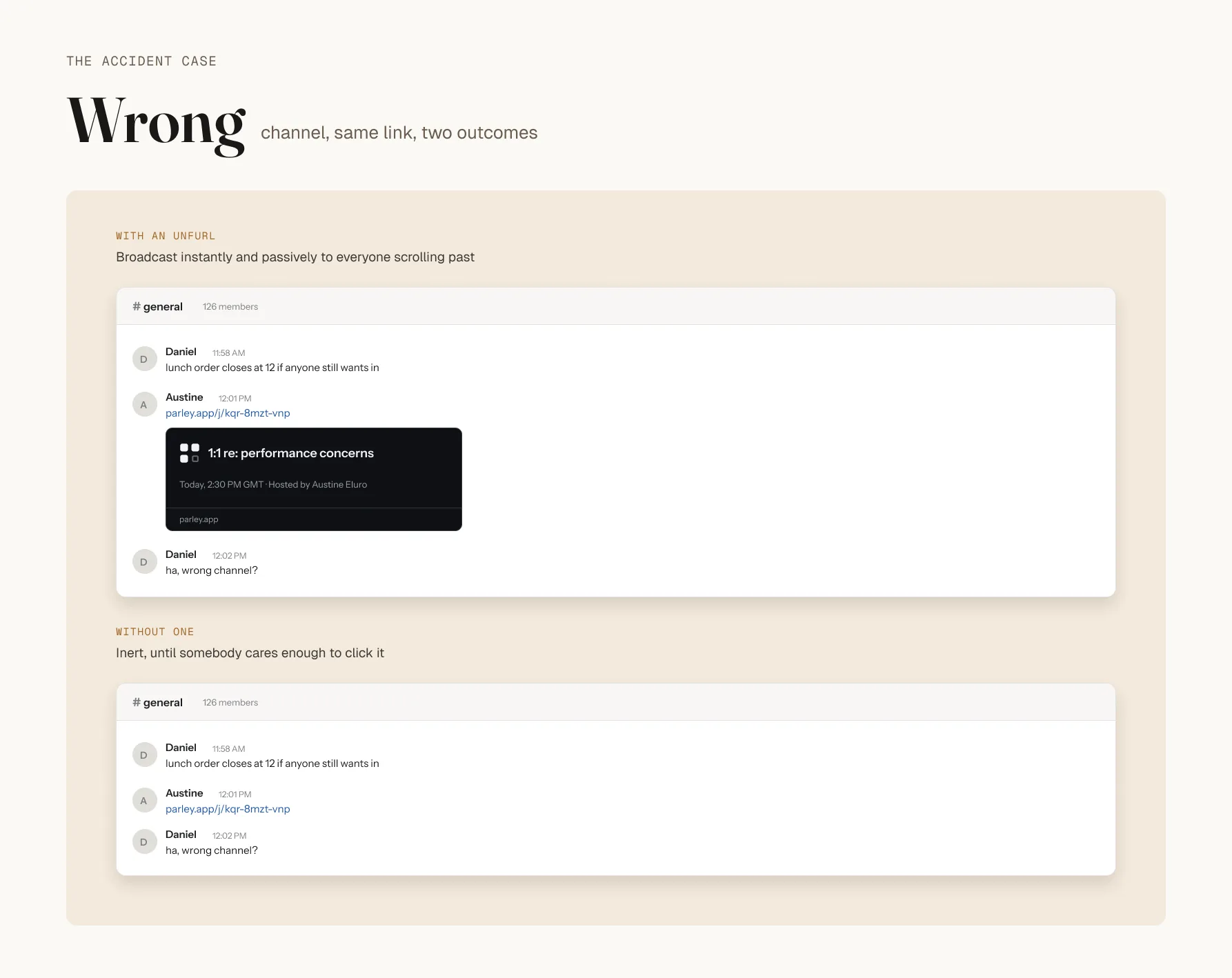The same meeting link pasted into the wrong channel, shown twice. Above, with an unfurl rendering the meeting title beneath it. Below, with no unfurl, showing only the bare URL.
